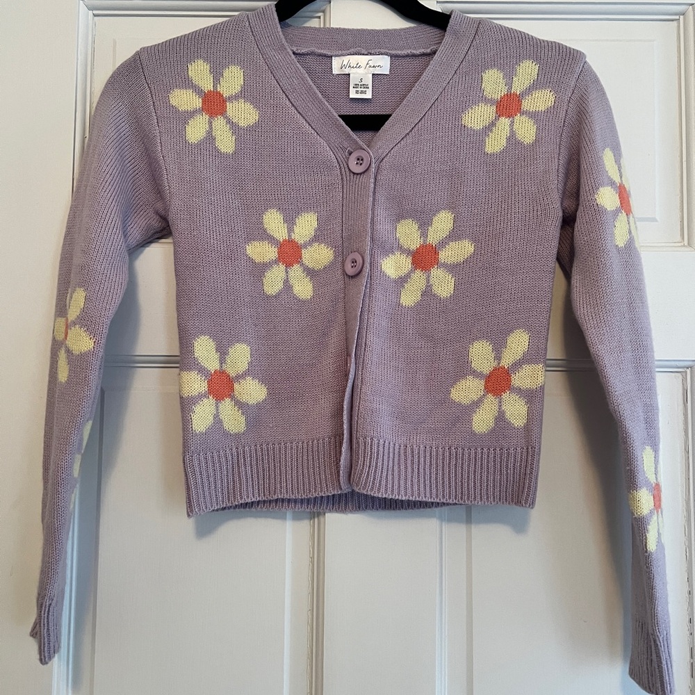 Girls White Fawn Floral Cardigan Sz Girls Small